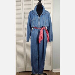 🔥Vintage Studio Denim Jumpsuit 10P Zip Front Long Sleeve Straight Leg Belted